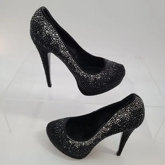 Aldo Black‎ Satin & Rhinestone Stiletto Platform Pumps Size 9 - Picture 2 of 10